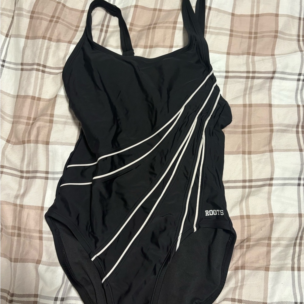 Roots Black Swimsuit with White Stripes